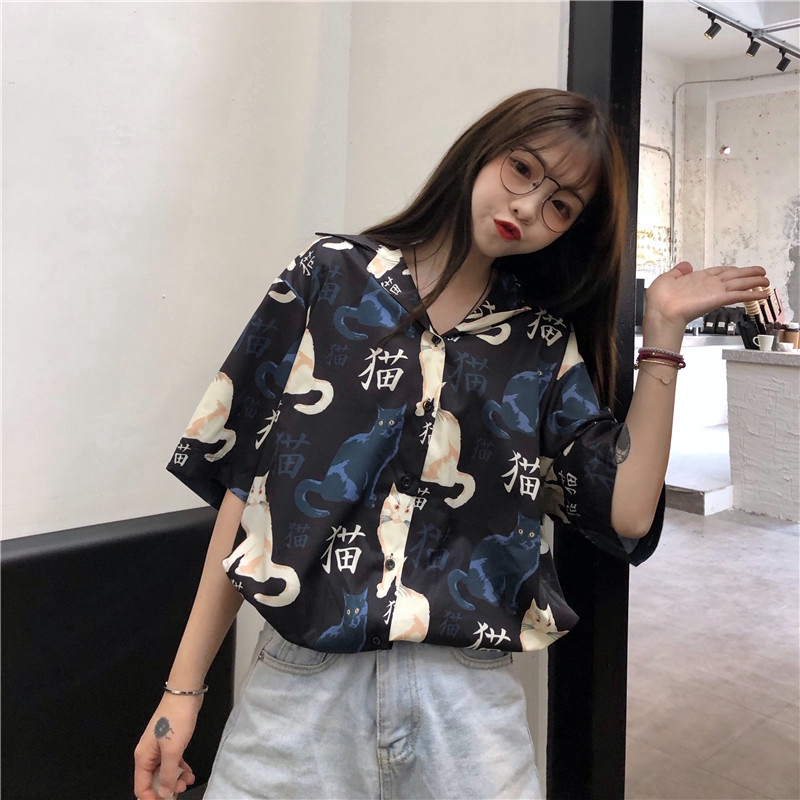 SUXI Áo Sơ Mi Ngắn Tay In Hình Mèo Xinh Xắn