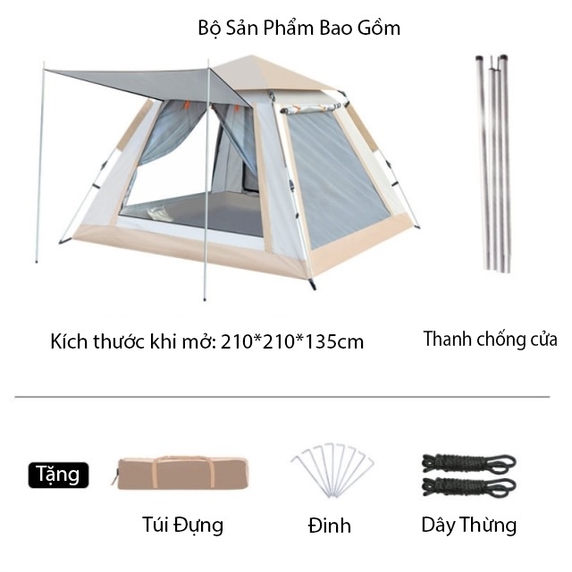 Lều cắm trại dã ngoại 4-6 người màu be thông thoáng chống nước cách nhiệt vintege haochi