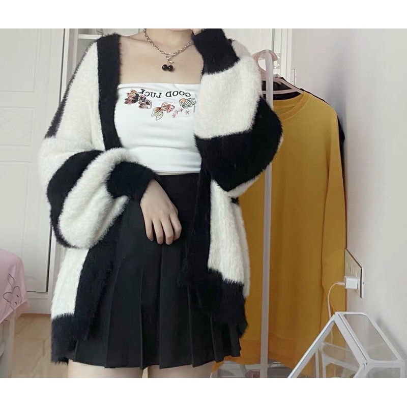 Áo Cadigan len lông phối kẻ đen trắng Ulzzang (ảnh thật) | BigBuy360 - bigbuy360.vn