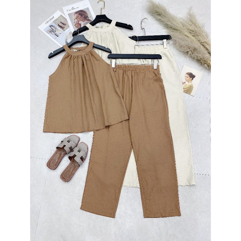 [Mã FAGREEN245 giảm 10% tối đa 30K đơn 99K] S338 Set yếm đũi thiết kế ly cổ tone màu nâu kem phối quần bagy cạp chun | BigBuy360 - bigbuy360.vn