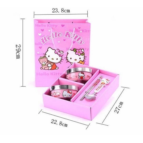 Bộ bát ăn dặm inox chống nóng, cách điện Kitty, Doraemon, Pooh kèm đũa thìa cực dễ thương cho bé