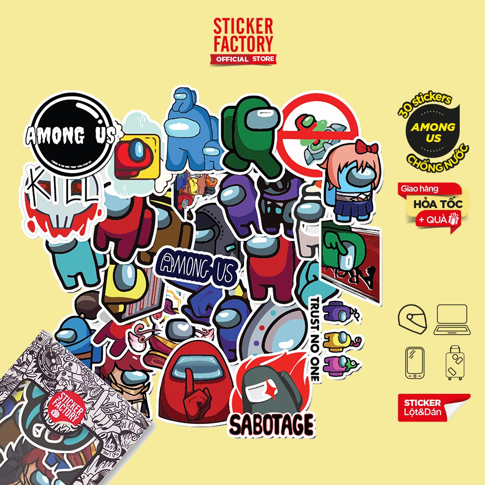 Hộp set 30 sticker decal hình dán nón bảo hiểm , laptop, xe máy, ô tô STICKER FACTORY - Among Us