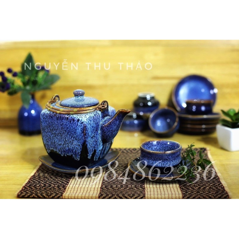 Bộ ấm chén men hoả biến dáng ấm vuông Bát Tràng - Bộ trà cao cấp