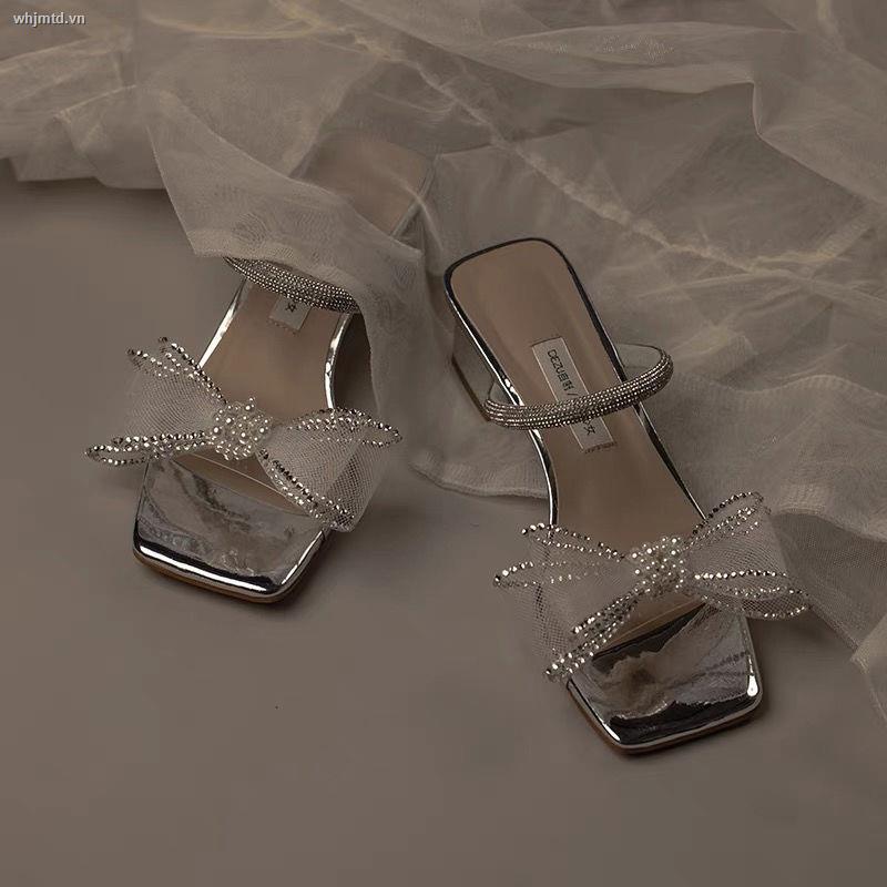 2022 Phong Cách mới!Dép Sandal Hở Gót Đính Đá Phối Dây Thắt Nơ Màu Bạc Thời Trang Cho Nữ