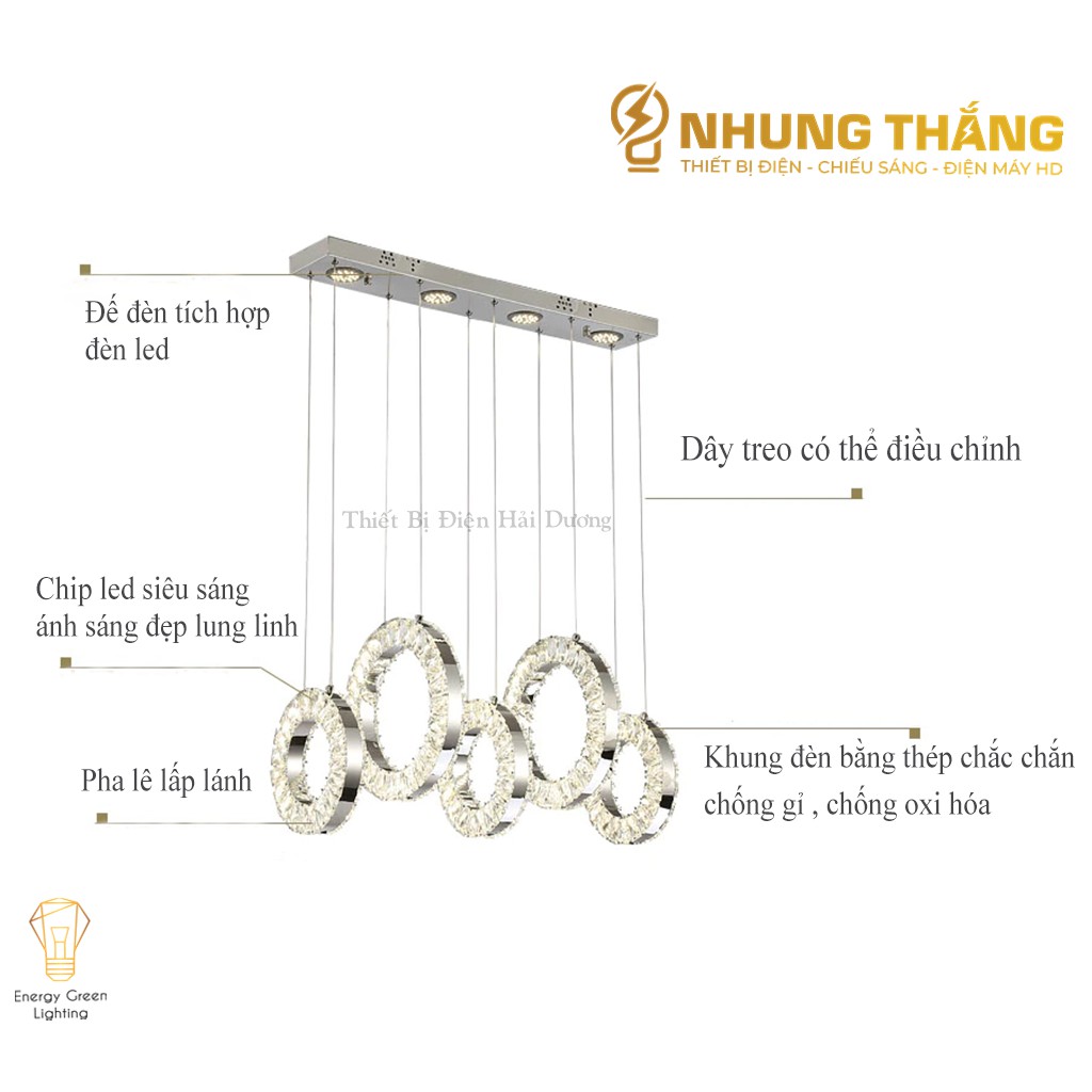 Đèn Thả Trần 5 Vòng Pha Lê CD-107 - Kiểu Dáng Hiện Đại - Đế Đèn Tích Hợp Đèn LED - 3 Chế Độ Ánh Sáng - Mỗi Vòng Dày 5cm