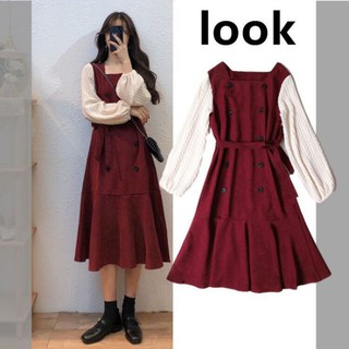 [Order] Váy dạ cổ vuông thiết kế đỏ đô phối tay phồng (ảnh thật)