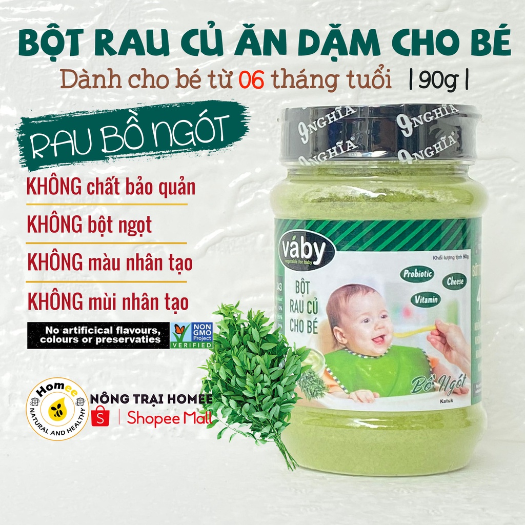 Bột nêm Rau Bồ Ngót &amp; Phô Mai dành cho bé ăn dặm VABY hủ 90g - Gia vị nêm và rắc dành cho bé từ 6 tháng tuổi