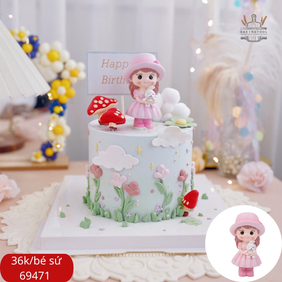 Tượng decor bé gái mũ hồng váy hồng ôm thỏ 69471