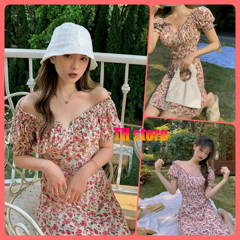 Đầm hoa nhí, váy hoa nhí vintage trễ vai dáng dài kèm ảnh thật