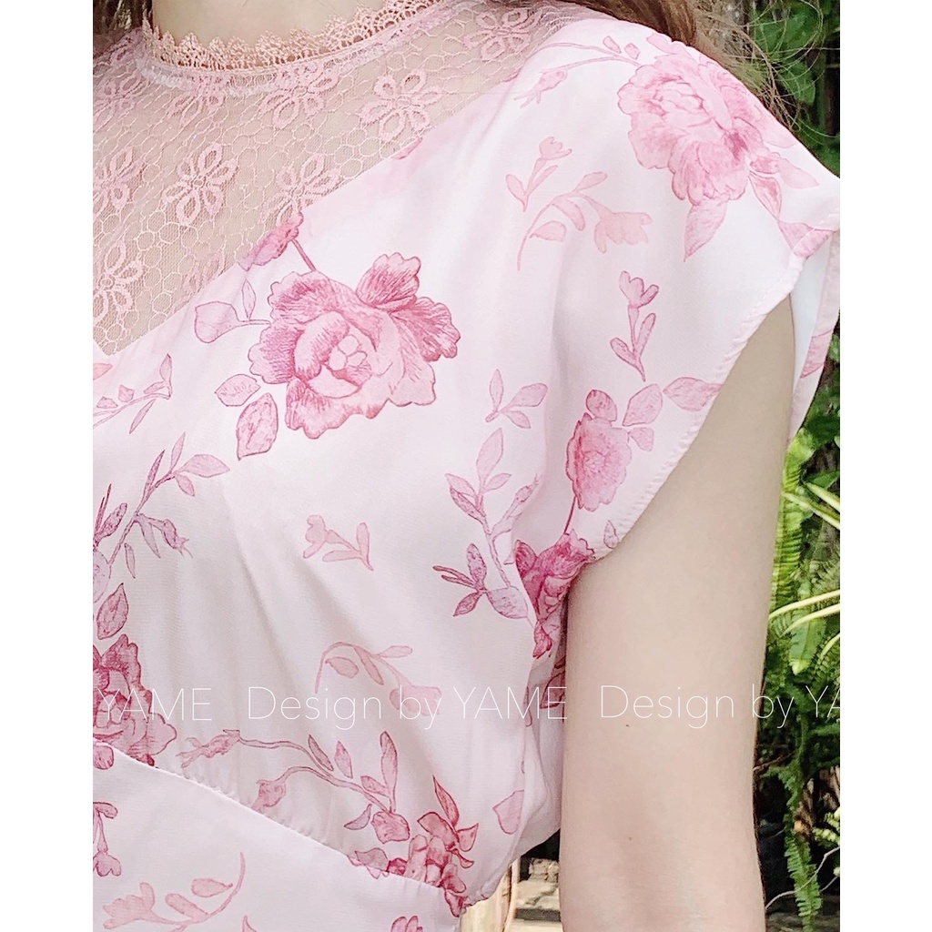 Váy đầm nữ hoa hồng phối ren có dây buộc sau đi chơi đi biển YAME