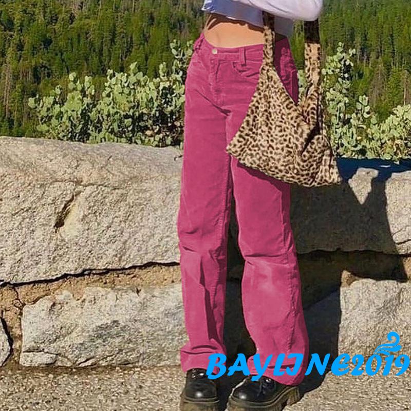 Quần dài nhung kẻ sọc lưng vừa dáng rộng màu trơn dành cho nữ