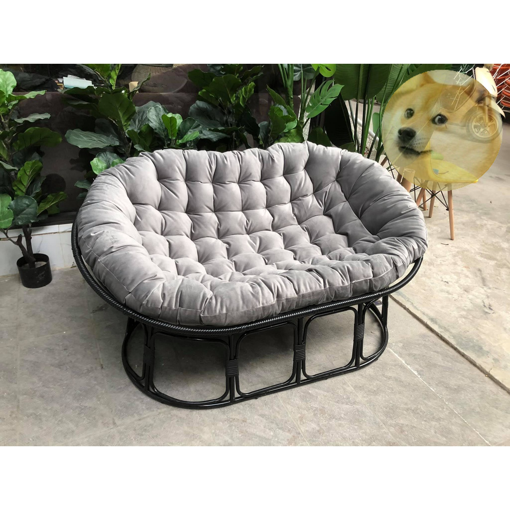 Ghế lười nệm đôi thư giãn, đọc sách Papasan khung sắt mây nhựa