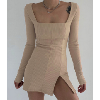 Đầm body tay dài xẻ tà vải len tăm gân thiết kế quyến rũ cho nữ