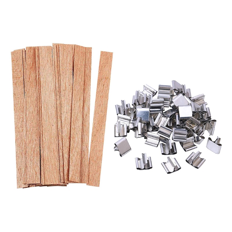 Bộ 50 bấc nến bằng gỗ kèm kẹp giữ bằng kim loại làm nến thủ công cỡ 5.1 X 0.5inch