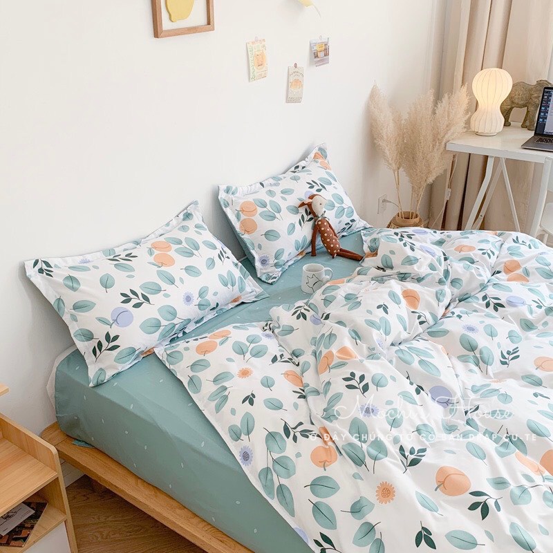[VẢI SIÊU ĐẸP] BỘ CHĂN GA GỐI COTON POLY MẪU CÀNH CAM GA XANH LÁ XINH XẮN DRAP GIƯỜNG | BigBuy360 - bigbuy360.vn