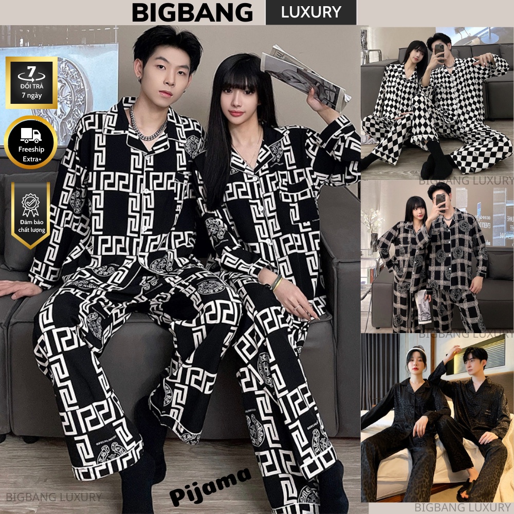 Pijama dài tay lụa Bigbang Luxury dành cho cặp đôi cao cấp Bộ đồ ngủ pijama nam nữ mặc nhà chất lụa bóng siêu mềm