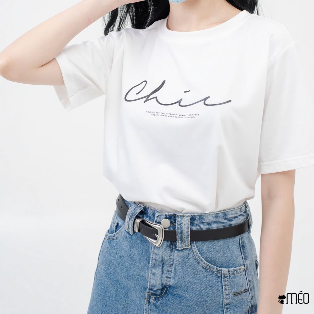 Áo thun tay lỡ Méo shop phông nữ cổ tròn cotton in chữ Chic freesize form rộng