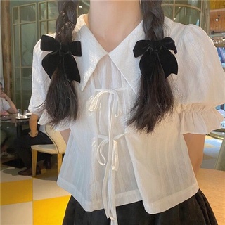 Áo Sơ Mi Croptop Tay Phồng Dáng Rộng Màu Trắng Phong Cách Hàn Quốc Xinh Xắn Cho Nữ
