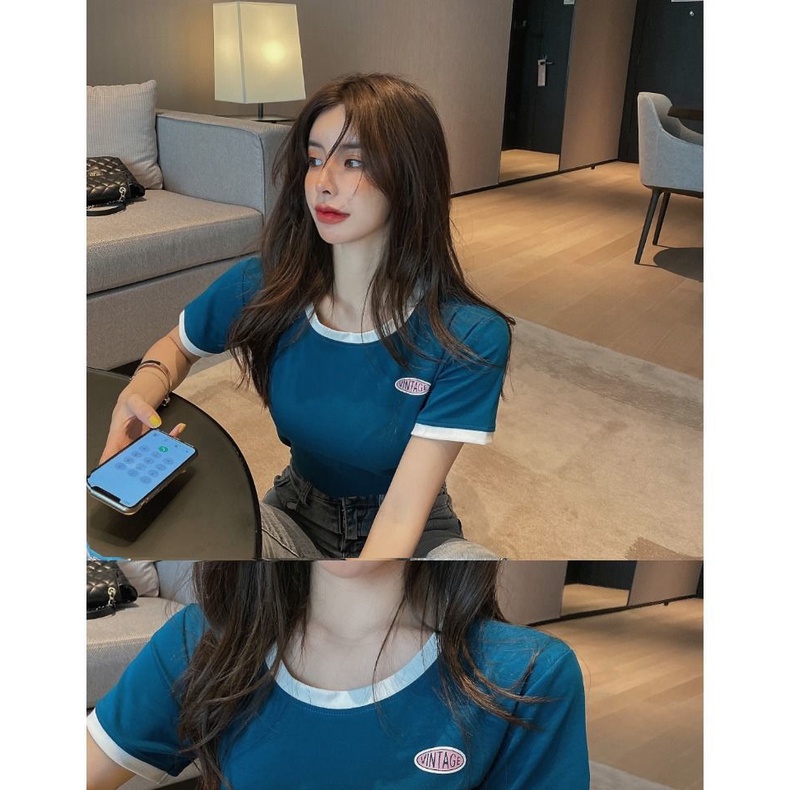 Áo Thun Cotton Tay Ngắn Hở Vai Phối Màu Tương Phản Thời Trang Hàn Quốc 2022 Cho Nữ