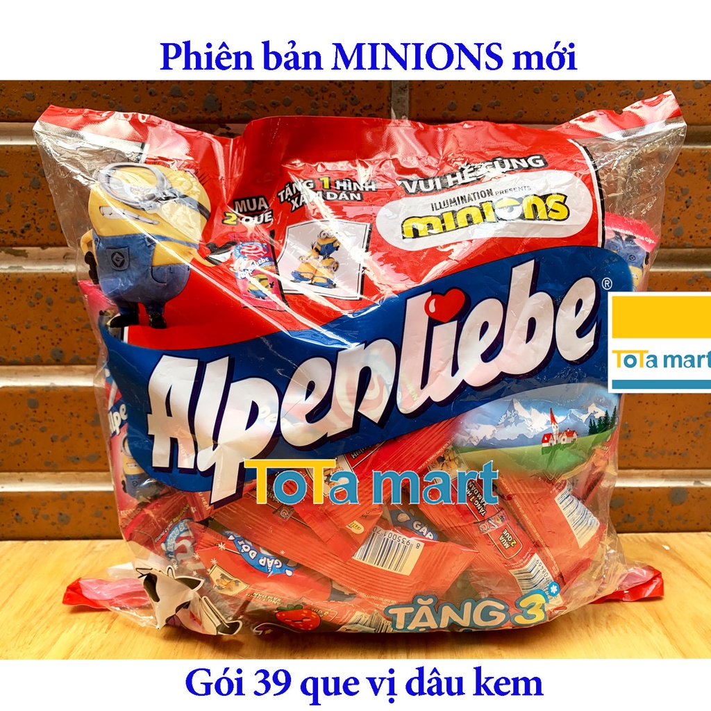 (Gói 39 que) Kẹo mút Alpenliebe dâu kem, caramen sữa, vải. HSD ghi bên dưới.