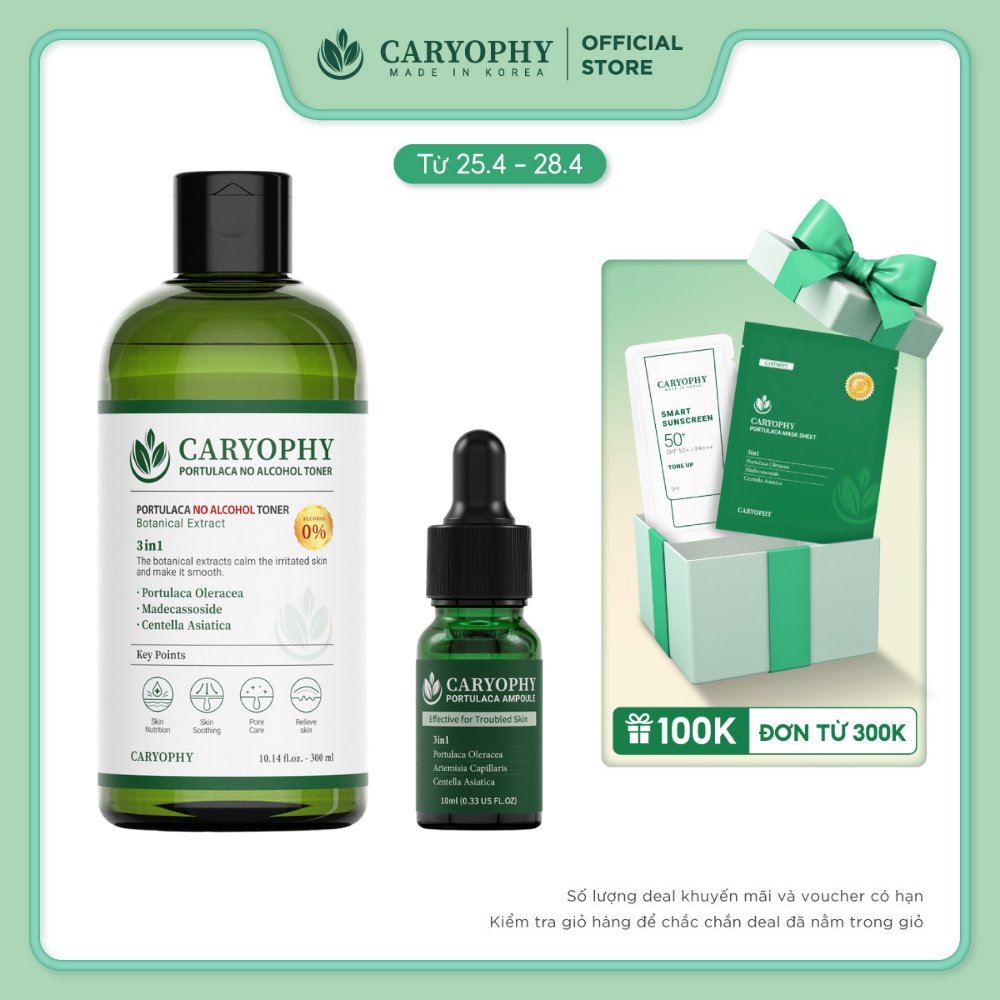 Bộ đôi nước hoa hồng Caryophy 300ml và serum giảm mụn mờ thâm Caryophy 10ml