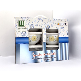 Bộ bát ăn cơm có hoa viền vàng kim - sứ long hầu - set 6 và set 10 có hộp đẹp