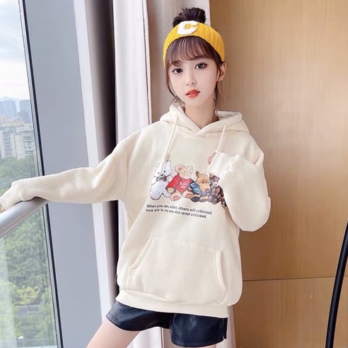 Áo hoodie unisex Babekids form rộng nỉ bé gái GẤU VÀ NHỮNG NGƯỜI BẠN thời trang thu đông trẻ em từ 4 đến 10 tuổi