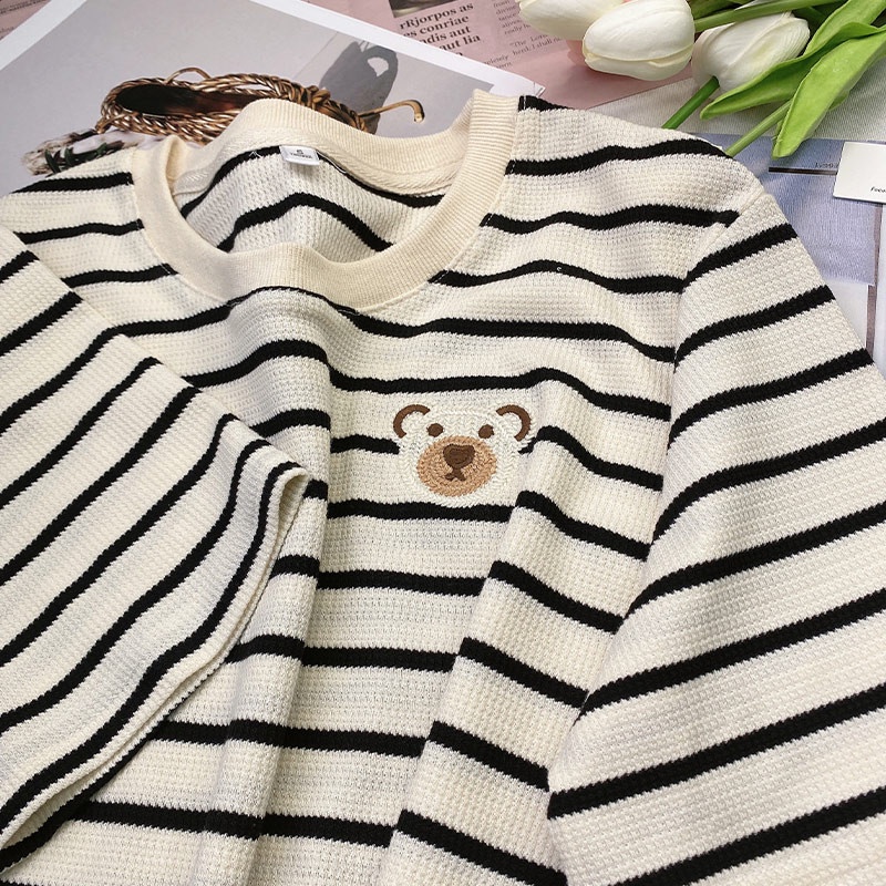 Áo thun Peppermint tay ngắn dáng rộng kẻ sọc ngang in hình gấu hoạt hình dễ thương thời trang mùa hè cho nữ 52720