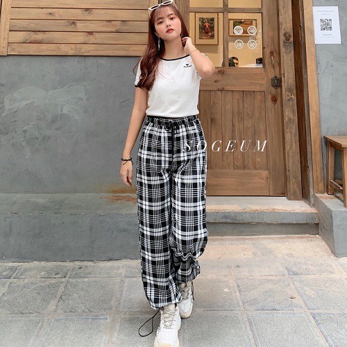 Quần vải kẻ caro dây rút chân mặc được 2 kiểu ống Jogger và ống rộng size S M L [video hình thật]