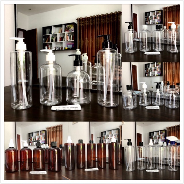 CHAI NHỰA TRONG SUỐT/ NÂU 500ML Vòi nhấn nhỏ giọt, Nắp bật nhỏ giọt, xịt sương- Chai Pet 500ml đựng dầu gội nắp Vặn đen