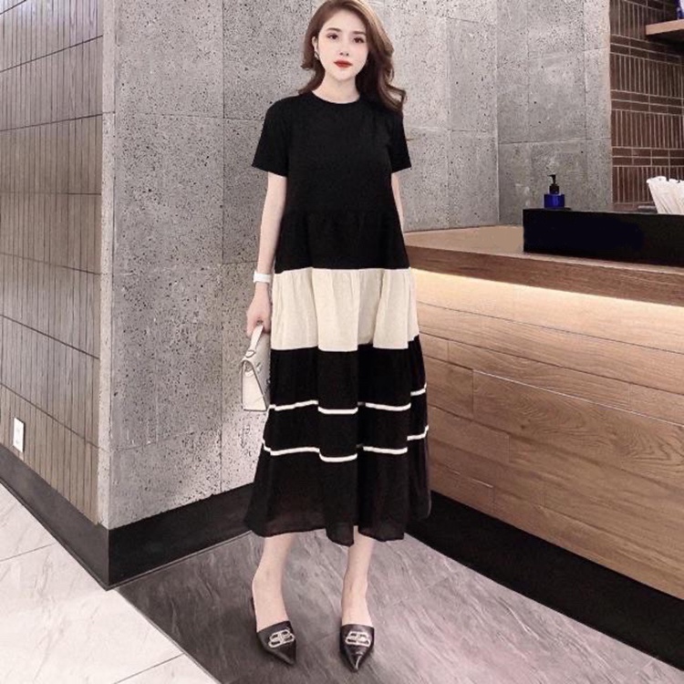 Đầm bầu 3 tầng phối viền trắng Váy bầu đuôi cá ngắn tay freesize