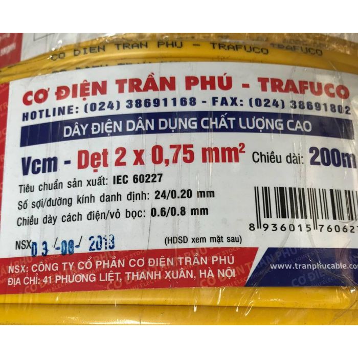 Dây điện trần phú 2x0.75, 2x1, 2x1.5  bảo hành 12 tháng