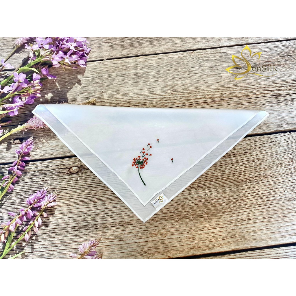 Khăn tay lụa thêu Bồ Công Anh Tim SenSilk 35x35cm, Quà kỷ yếu độc đáo