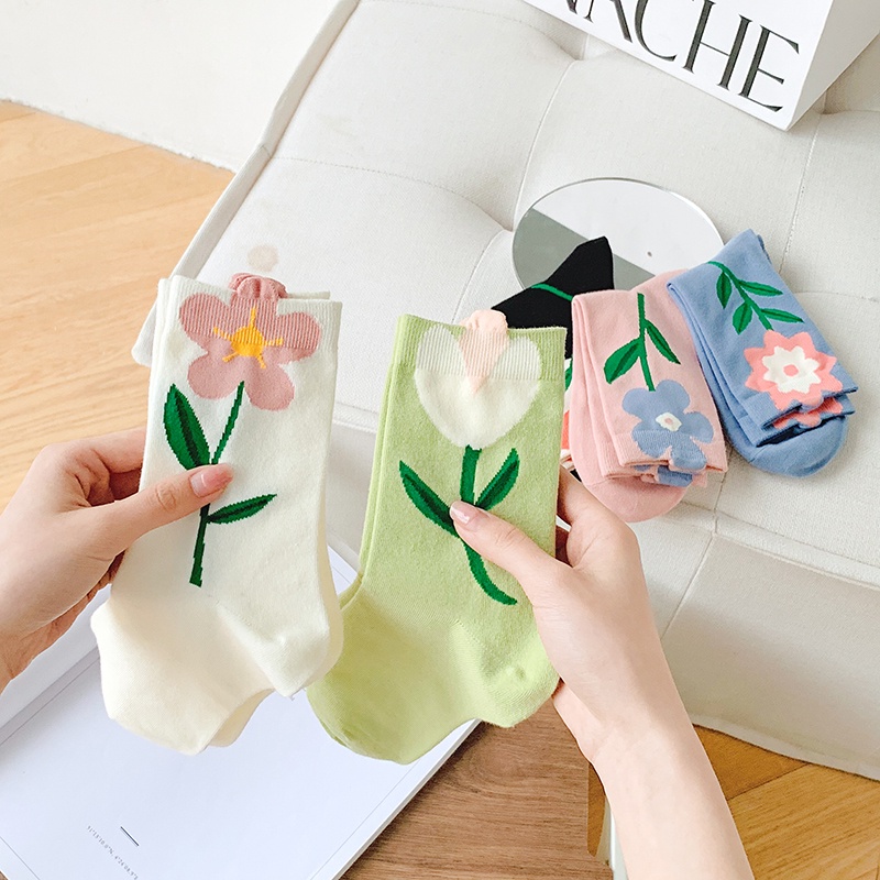 Vớ cotton cổ cao họa tiết bông hoa 3D phong cách lolita thời trang thanh lịch cho nữ