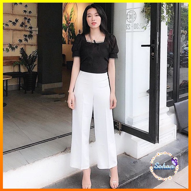 Quần ống rộng suông dáng dài, quần tây ống rộng suông nữ công sở khóa bên hông cao cấp Đen-Kem-Trắng.
