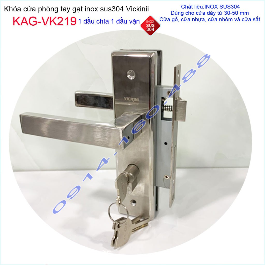 Khóa cửa tay gạt inox KAG-VK219, khóa cửa trọn bộ thân+ tay ốp + ruột khóa Vickini