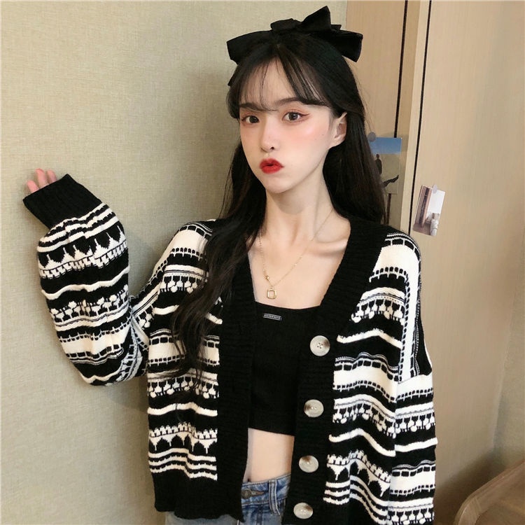 Áo Khoác Len cardigan Tay Dài Dáng Rộng Họa Tiết Kẻ Sọc Phong Cách Hàn Quốc Cổ Điển Thời Trang Cho Nữ NZ-MY-14