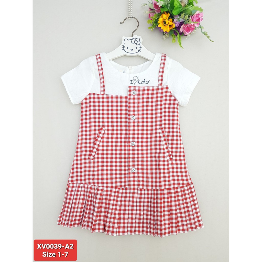XV0039-A2 - Váy bé gái có tay , đuôi cá , kẻ đỏ , thêu ilovekids , hiệu ILOVEKIDS , size nhí 1t-7t , ri7