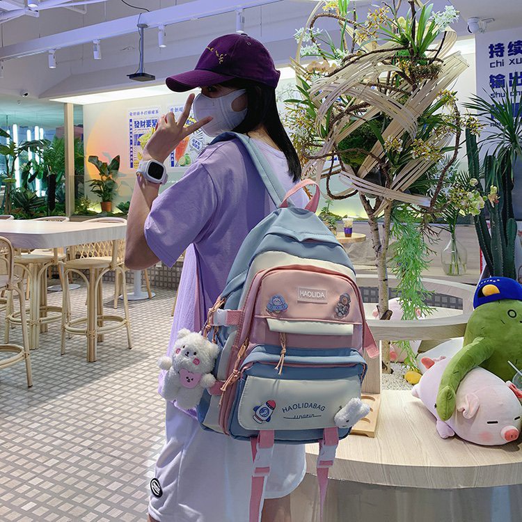 Balo Haolida chất liệu chống thấm phối màu thời trang tặng full phụ kiện sticker móc khóa