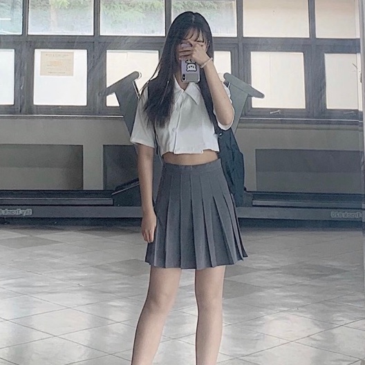 Chân váy TENNIS XẾP LY XÁM có quần trong hình thật nữ thể thao năng động - thiên yết