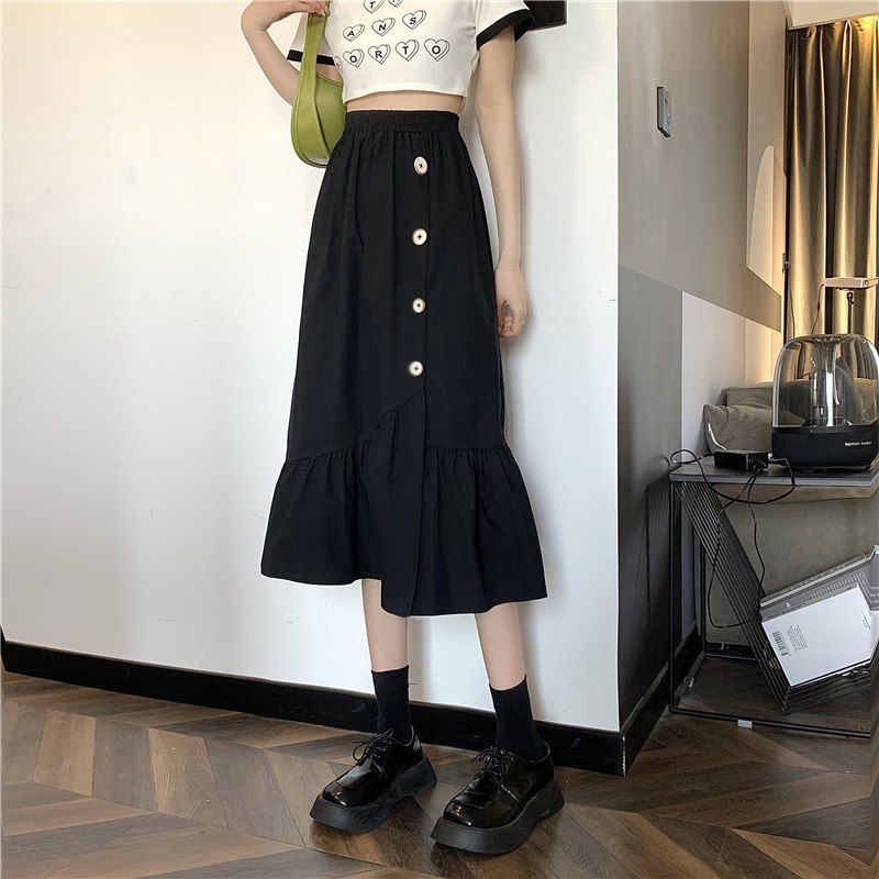 Women's Korean-Style Mid-Length Skirt High Waist Slimming All-Matching White DesignaWord Skirt