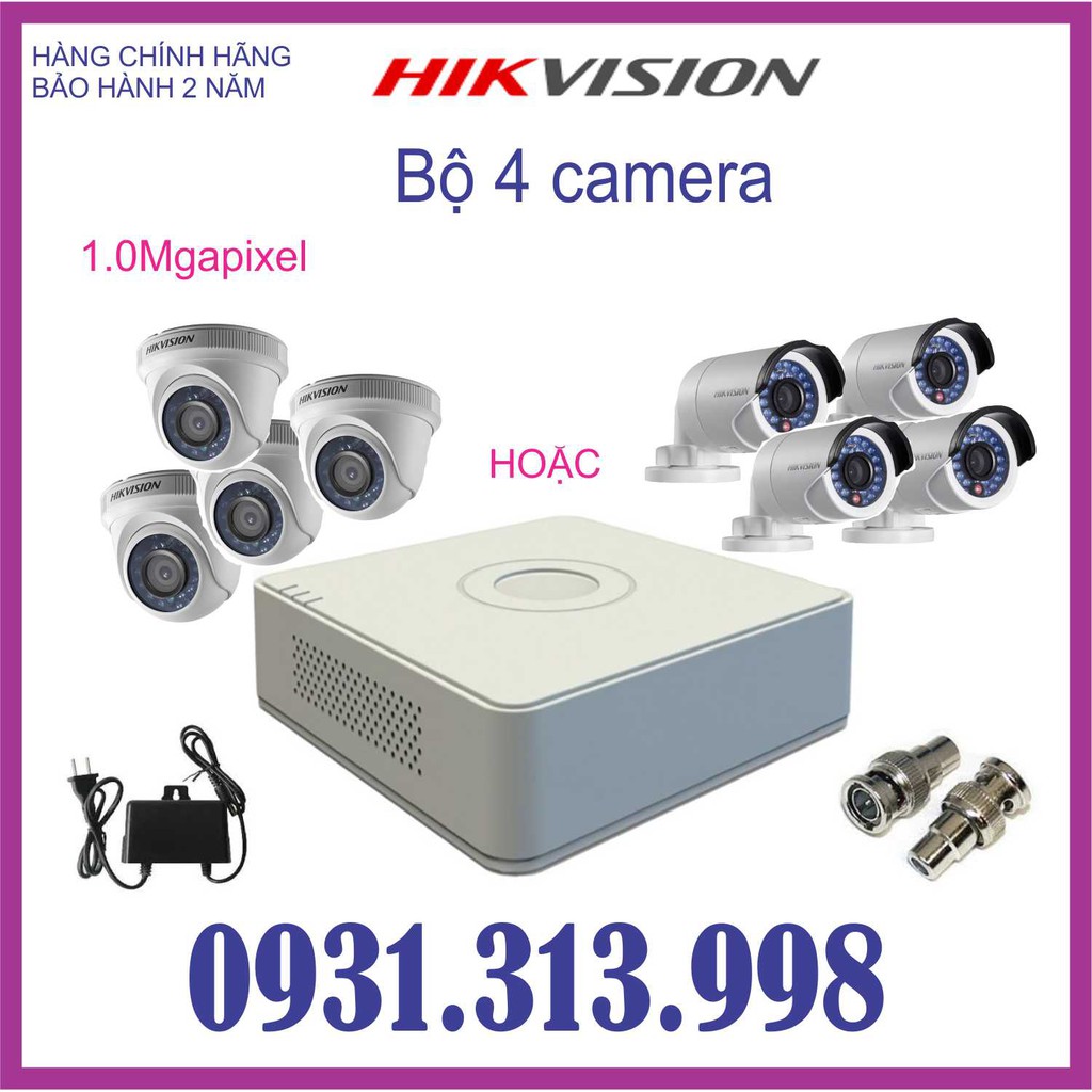 TRỌN BỘ 4 CAMERA HIKVISION 1.0MP DS-2CE16C0T-IRP/ DS-2CE56C0T-IRP