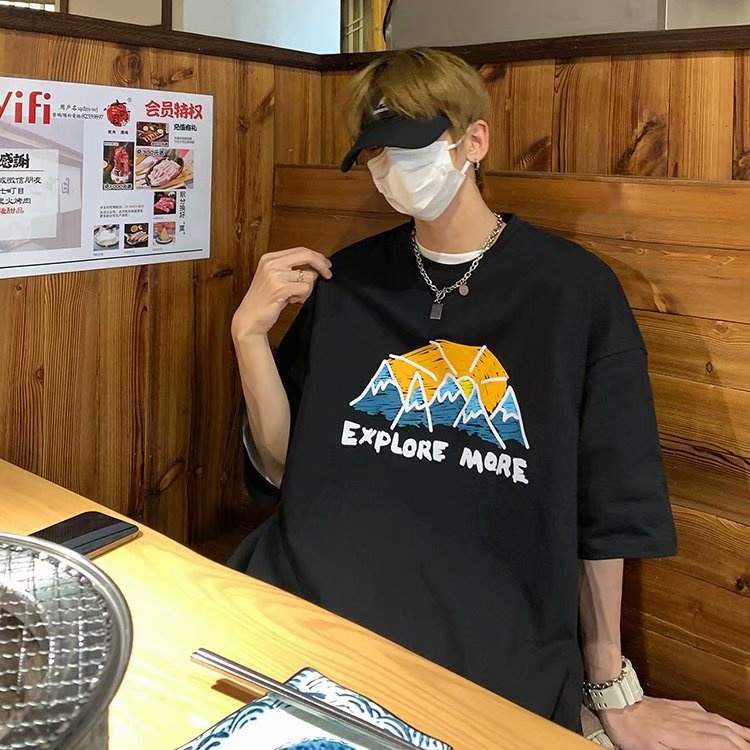 Áo thun tay ngắn cổ tròn dáng rộng in họa tiết hoạt hình phong cách Nhật Bản thời trang cho nam size M-5XL