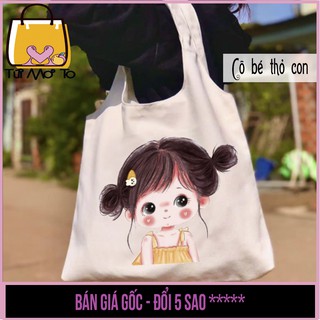 Túi tote túi vải túi canvas quai tròn có khóa kéo in hình cô bé thỏ con dễ thương - Túi Mơ To store