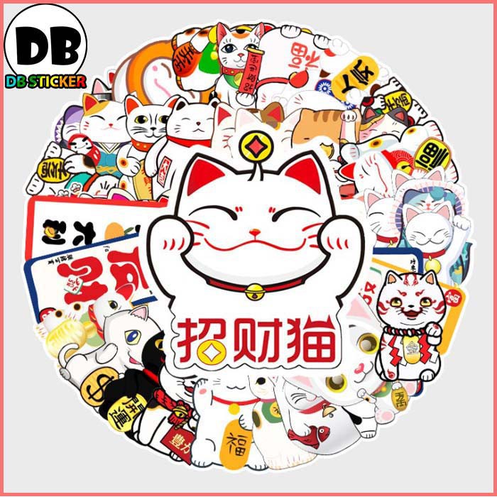 [Set 50 Cái] Bộ Sticker chủ đề mèo thần tài may mắn dán trang trí laptop, nón bảo hiểm, vali, xe ga, ván trượt - DB.035