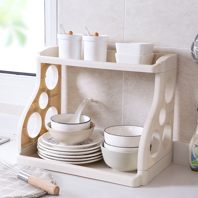 Kệ gia vị nhựa 2 tầng đa năng, khay đựng gia vị hai tầng 4 lỗ tròn – Hồng Kỳ
