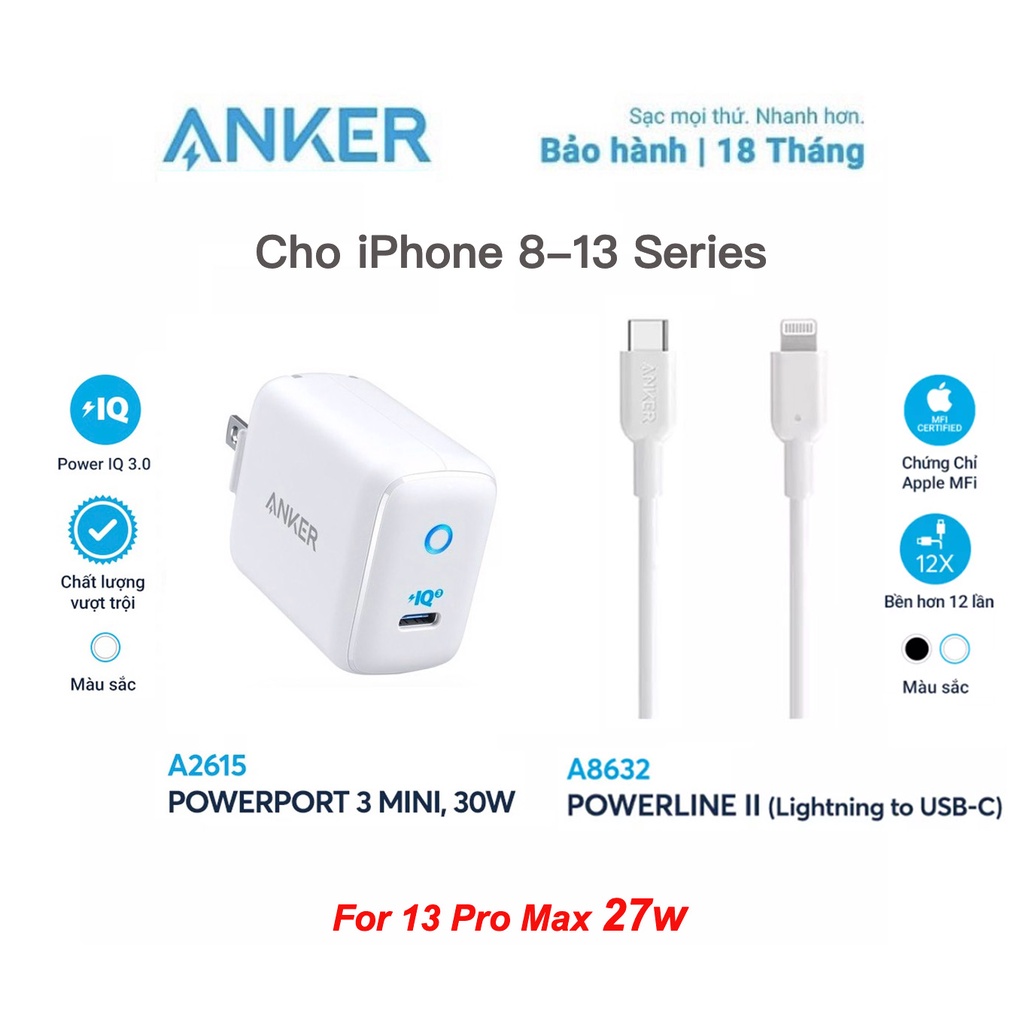 Củ Sạc Nhanh Anker A2615 30W,Cáp Sạc Nhanh A8632 Type-C to Lightning,Cho iPhone PD 20W 13 12 Pro 11 XS 8P Macbook iPad