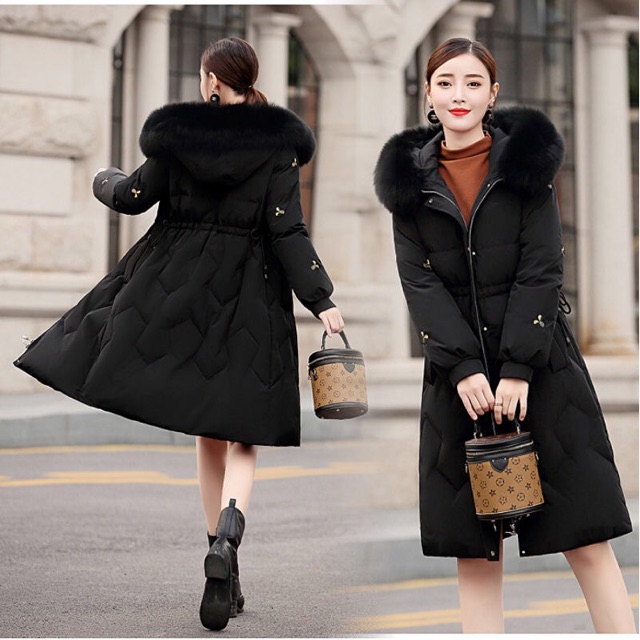 Áo phao mủ lông có đai lưng phong cách hàn quốc
