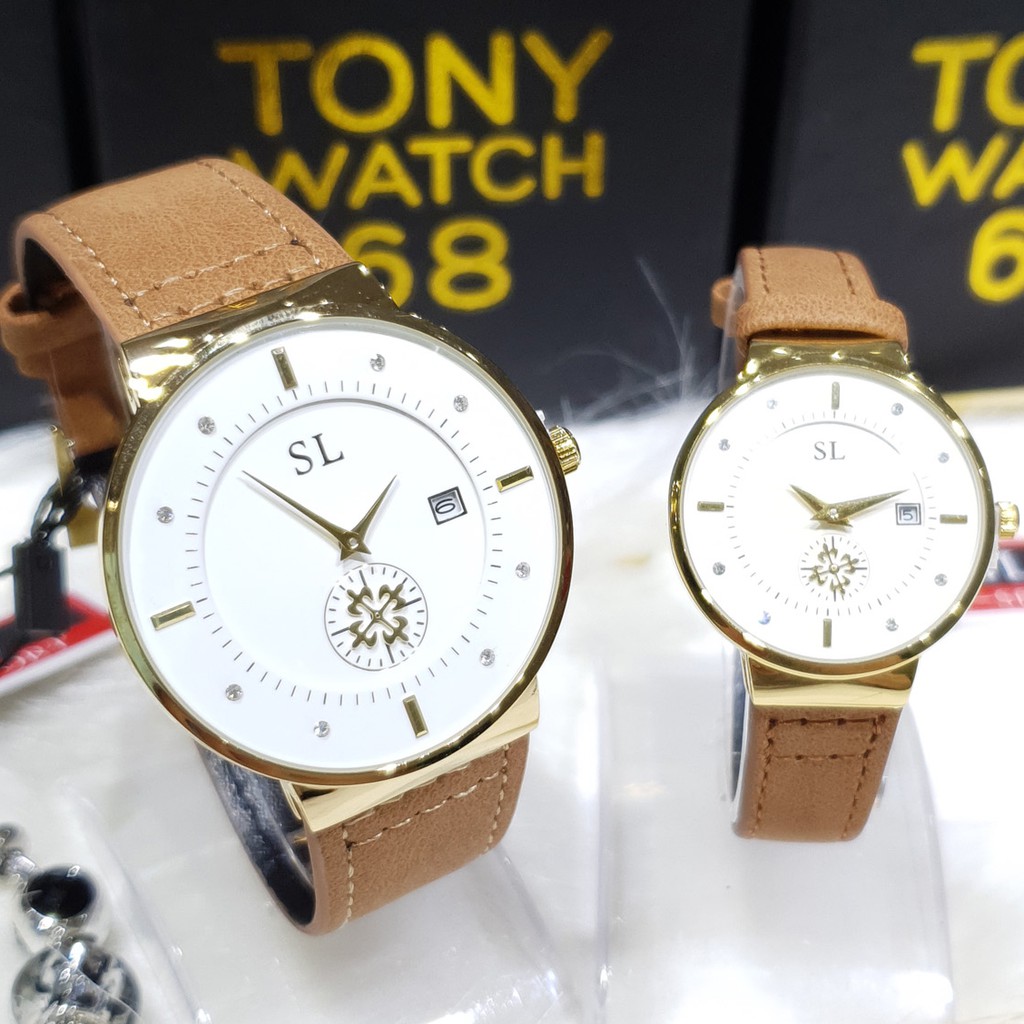 Đồng hồ cặp đôi nam nữ SL kim rốn dây da đen mặt siêu mỏng độc đáo chống nước chính hãng Tony Watch 68