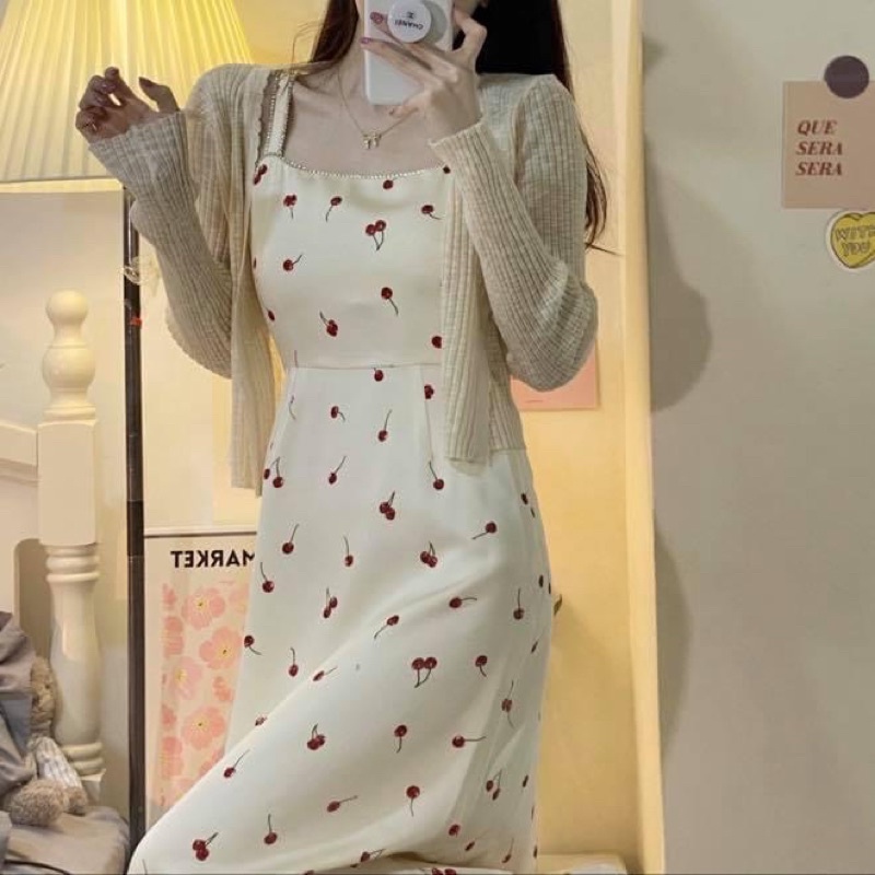 Đầm maxi hai dây kiểu nữ suông dài hoạ tiết cherry tiểu thư kèm áo khoác cardigan tay dài len - Order taobao quảng châu